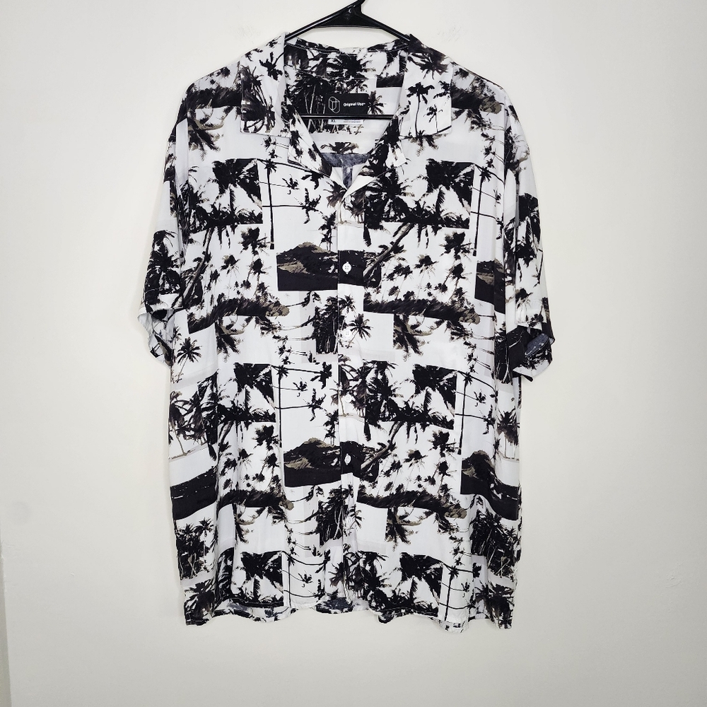 Original Use Mens  Black and White Tropical Print Button Down Lightweight Shirt